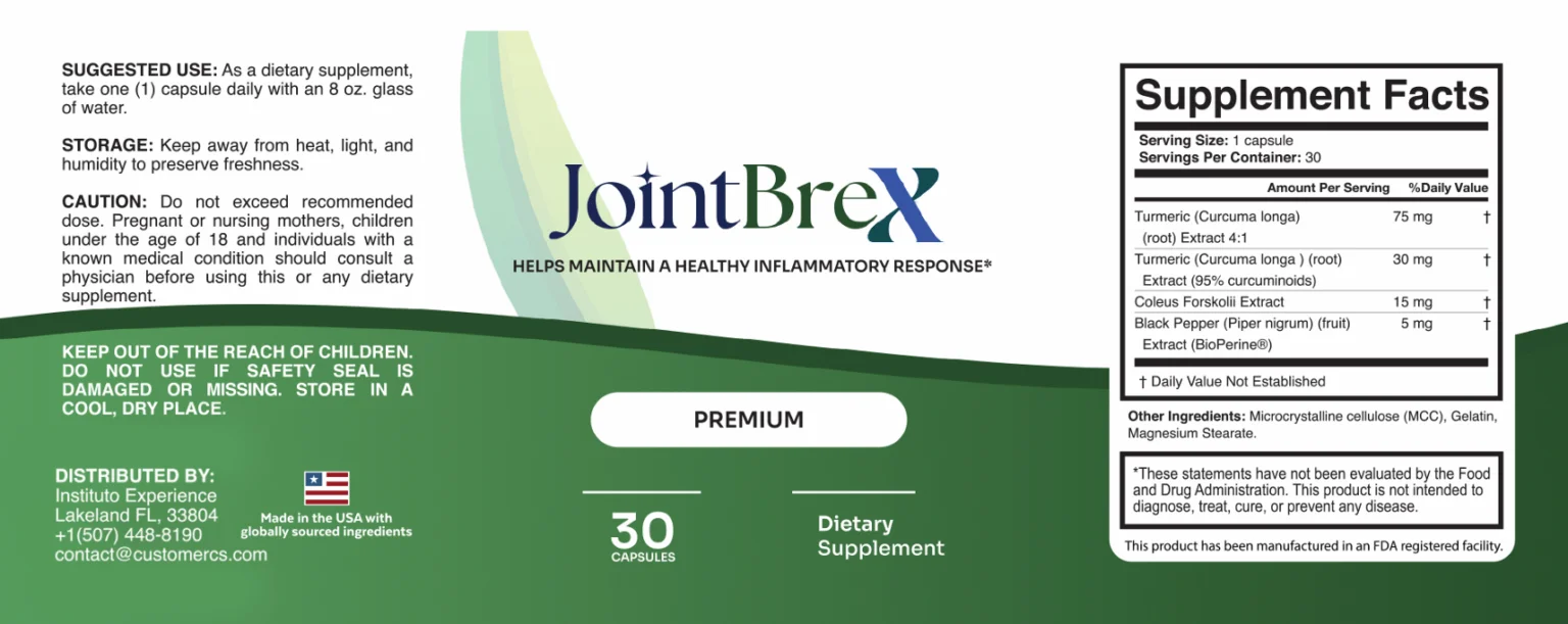 JointBreX Supplement Facts label showing ingredients and dosages